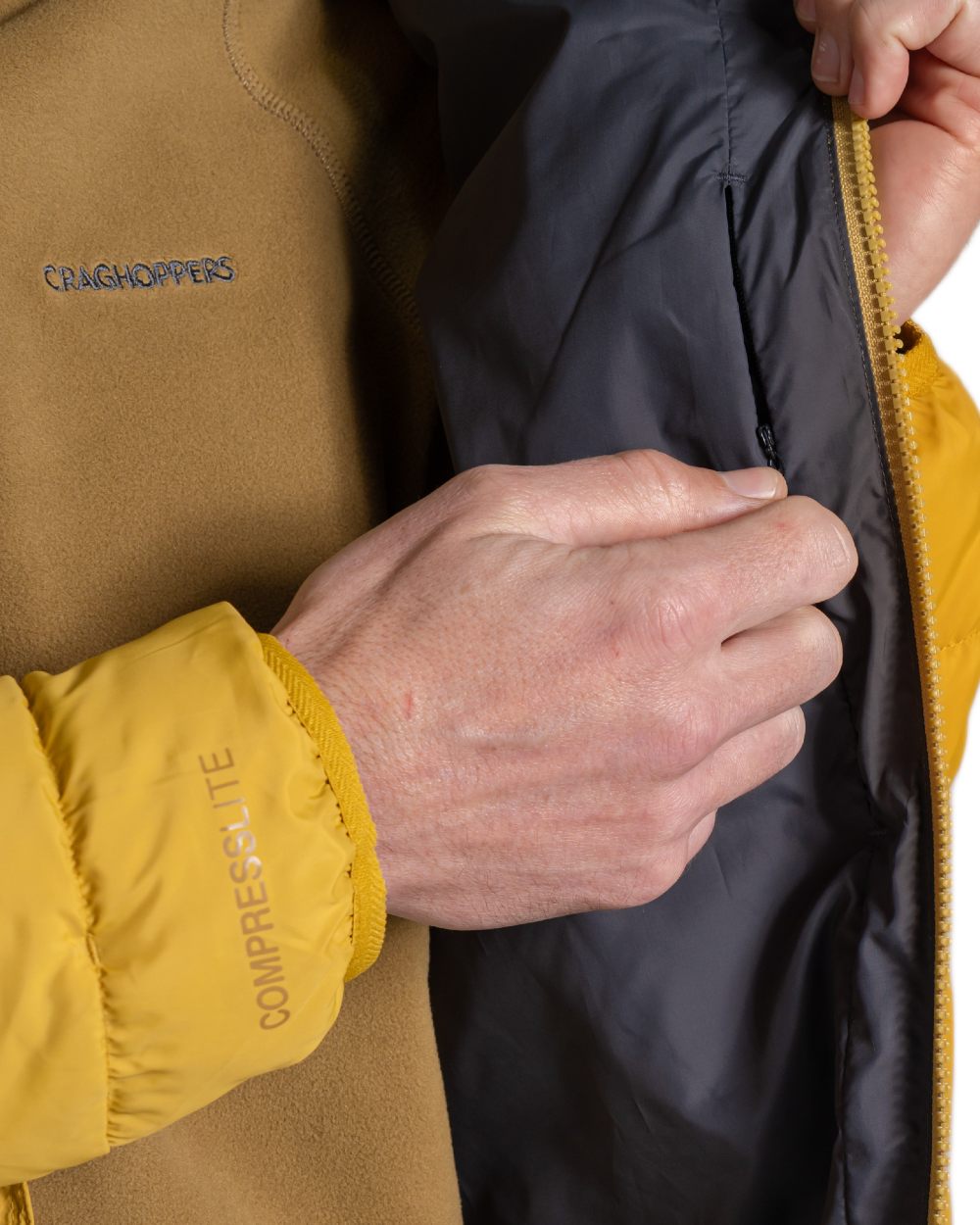 Sulphur Yellow Coloured Craghoppers Mens Compresslite IX Hooded Insulating Jacket on white background 