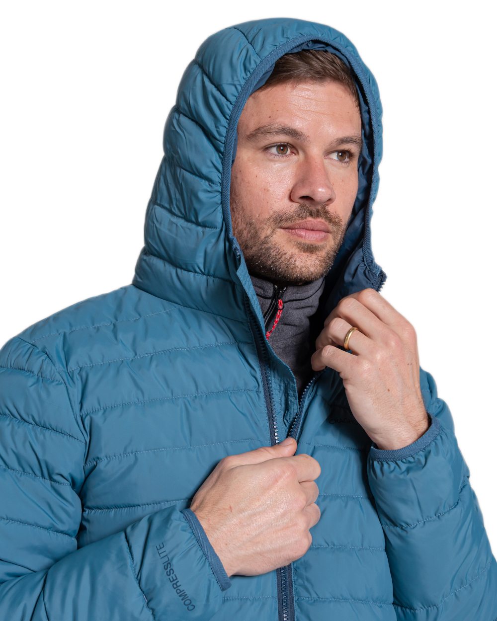 Winter Storm Coloured Craghoppers Mens Compresslite IX Hooded Insulating Jacket on white background 