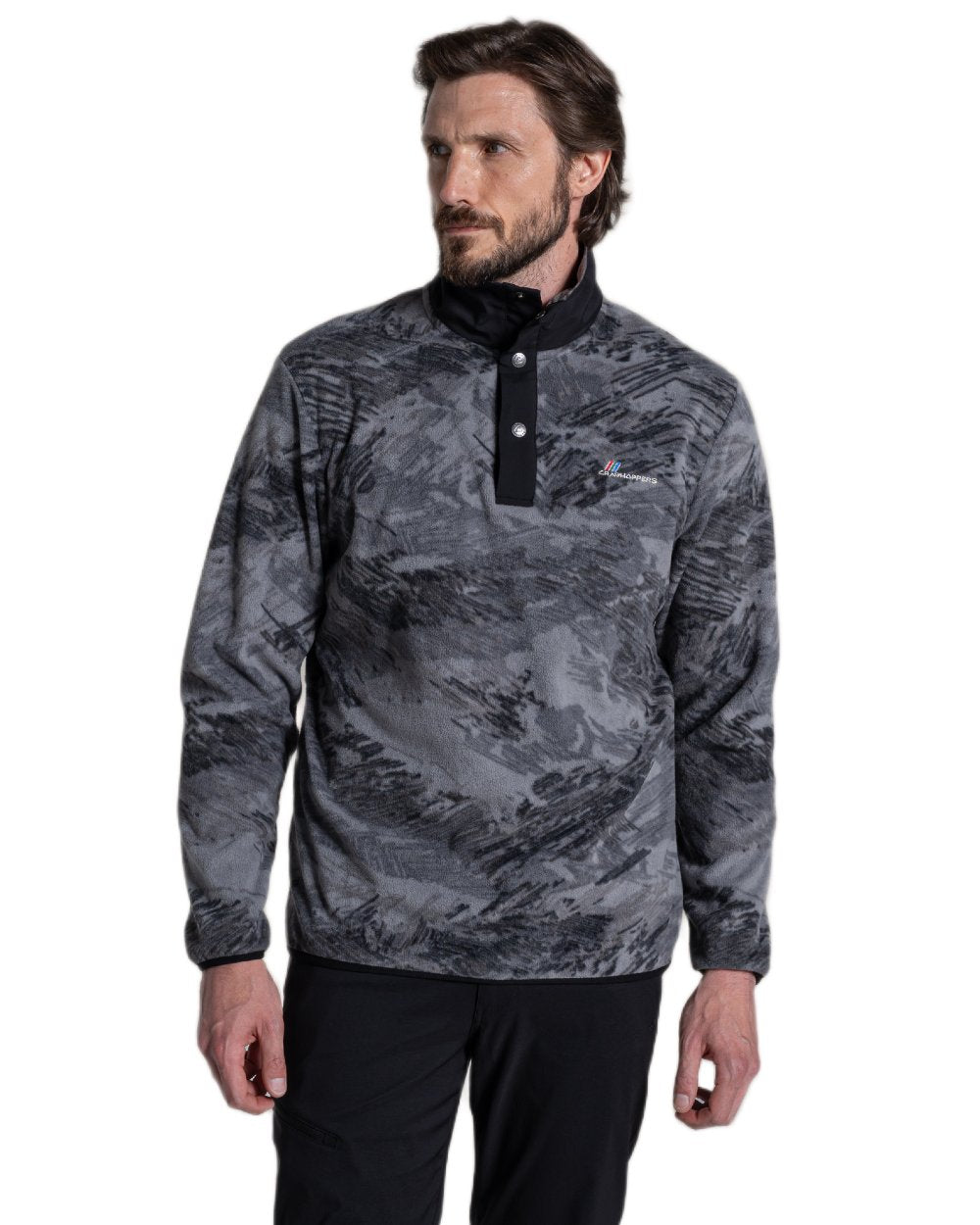 Dark Iron Print coloured Craghoppers Mens Dewlish II Overhead Fleece on white background 