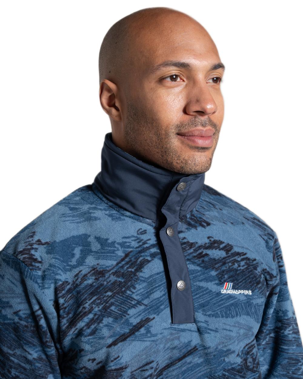 Poseidon Blue Print coloured Craghoppers Mens Dewlish II Overhead Fleece on white background 