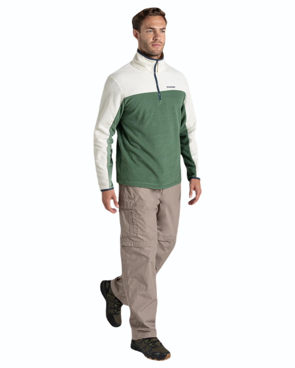 Beach coloured Craghoppers Mens Kiwi Convertible Recycled Trousers on white background 