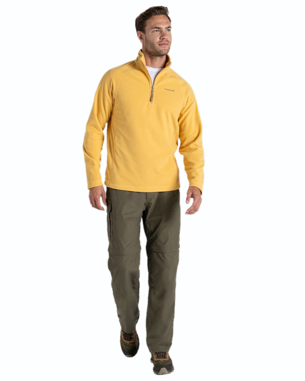 Wild Olive coloured Craghoppers Mens Kiwi Convertible Recycled Trousers on white background 