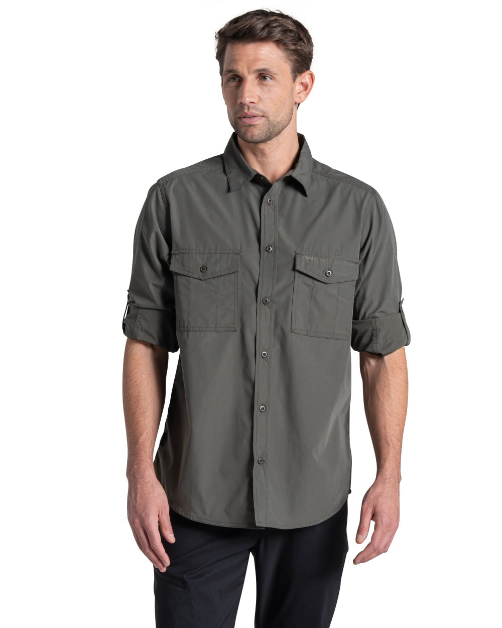 Cedar coloured Craghoppers Mens Kiwi II Long Sleeved Shirt on white background 