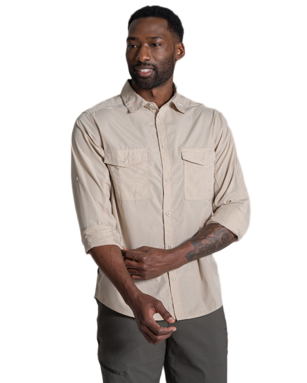 Oatmeal coloured Craghoppers Mens Kiwi II Long Sleeved Shirt on white background 