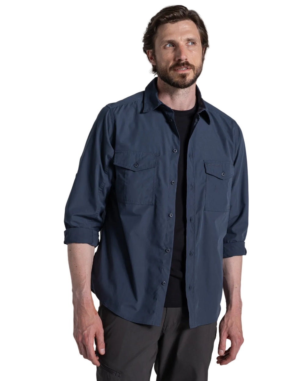 Ombre Blue coloured Craghoppers Mens Kiwi II Long Sleeved Shirt on white background 