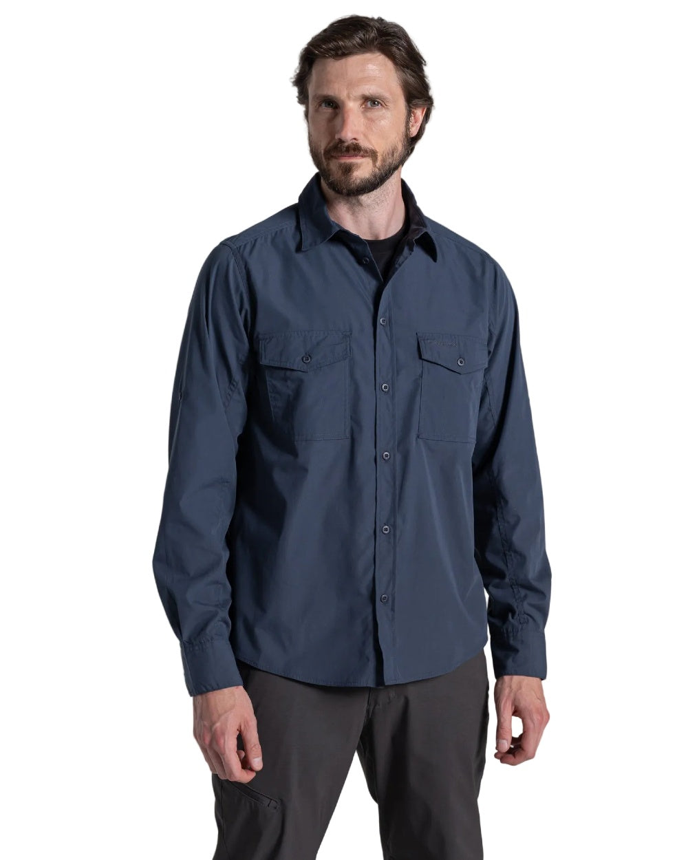 Ombre Blue coloured Craghoppers Mens Kiwi II Long Sleeved Shirt on white background 