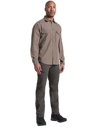 Pebble coloured Craghoppers Mens Kiwi II Long Sleeved Shirt on white background 