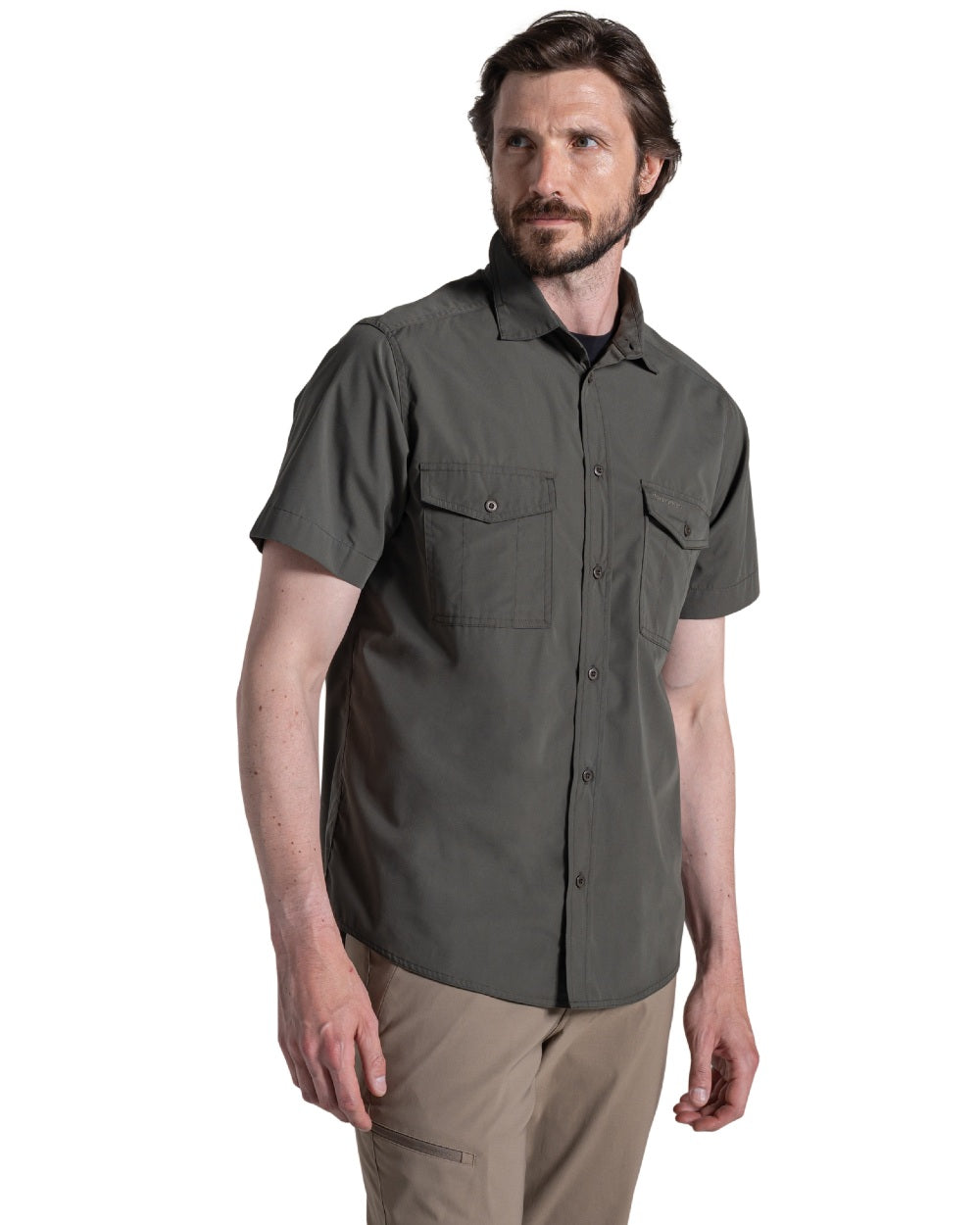 Cedar coloured Craghoppers Mens Kiwi II Short Sleeved Shirt on white background 