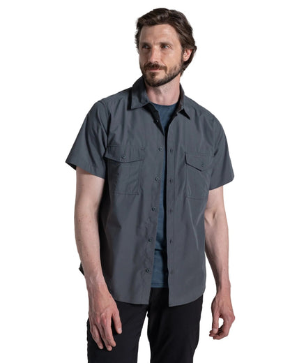 Dark Grey coloured Craghoppers Mens Kiwi II Short Sleeved Shirt on white background 