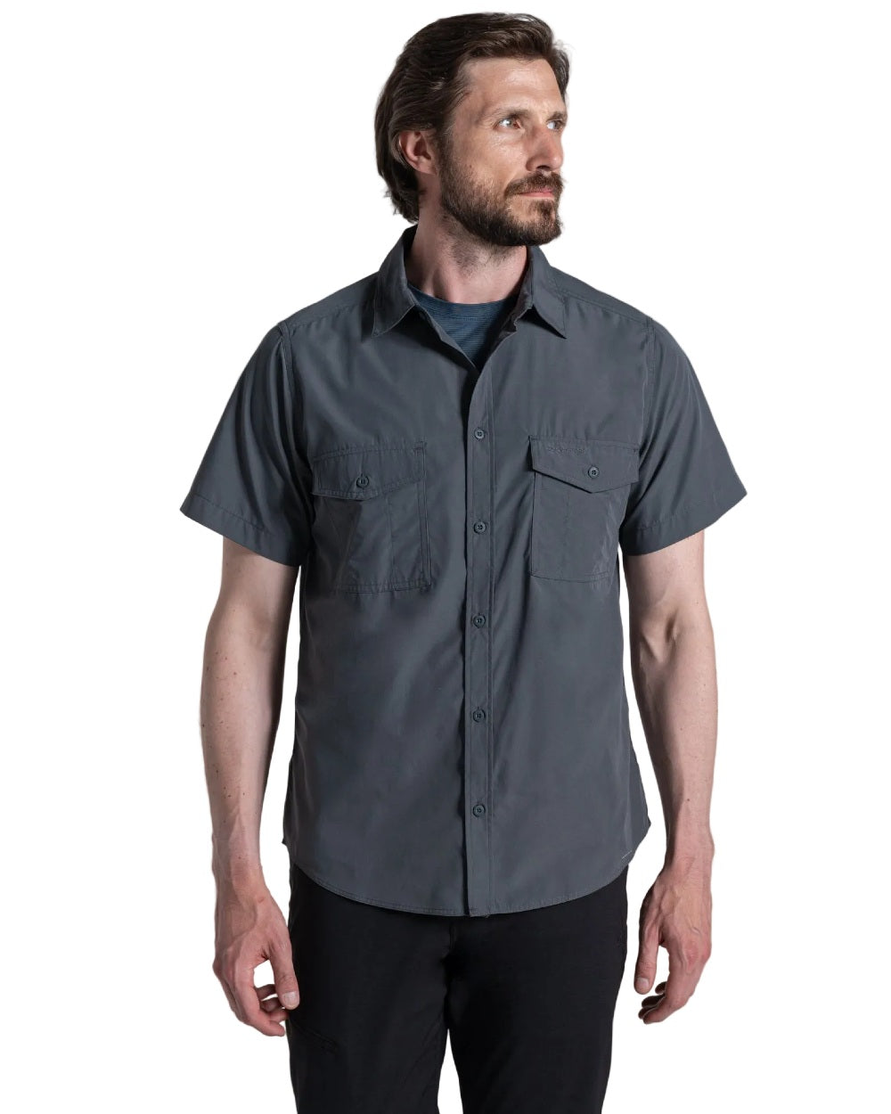 Dark Grey coloured Craghoppers Mens Kiwi II Short Sleeved Shirt on white background 