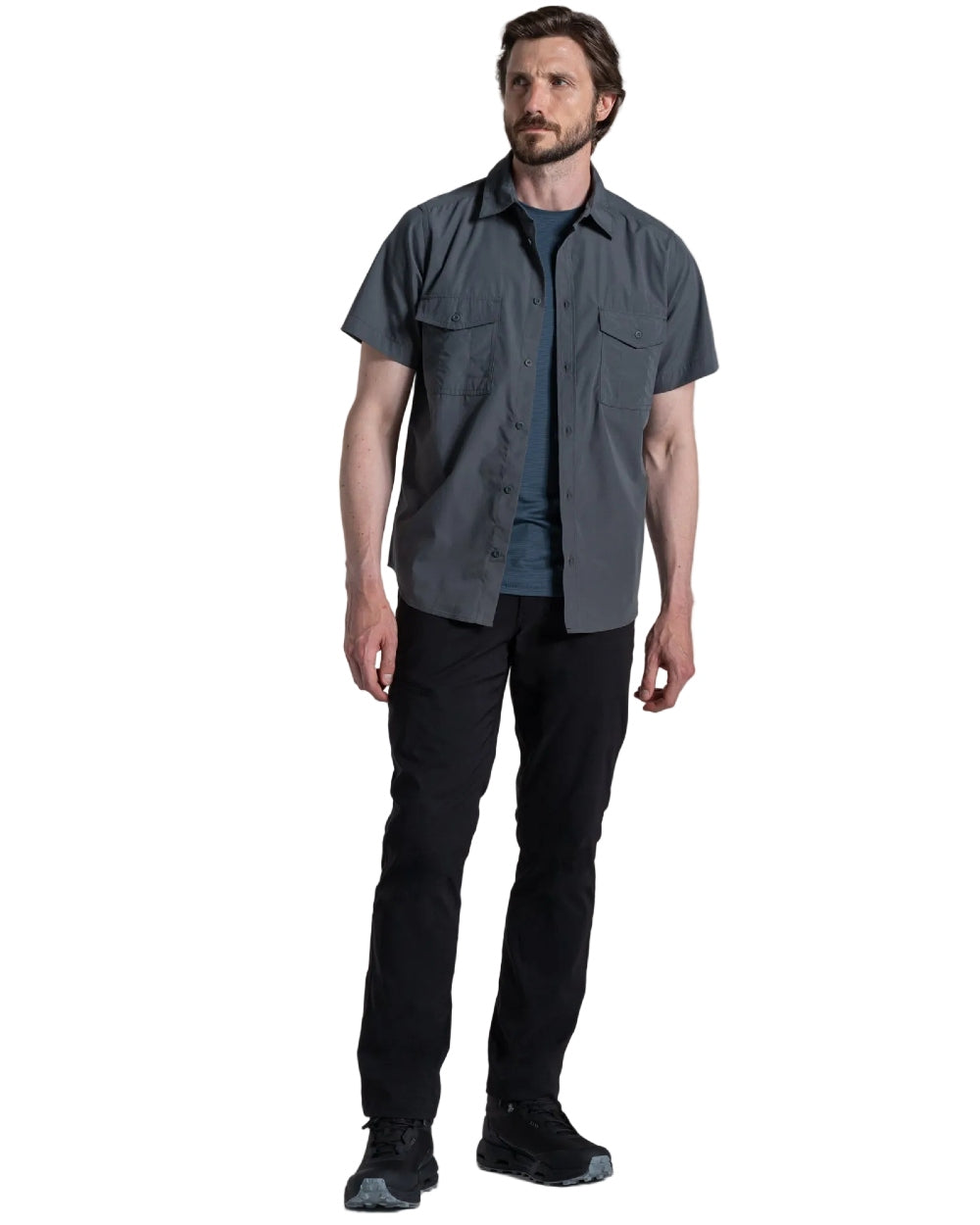 Dark Grey coloured Craghoppers Mens Kiwi II Short Sleeved Shirt on white background 