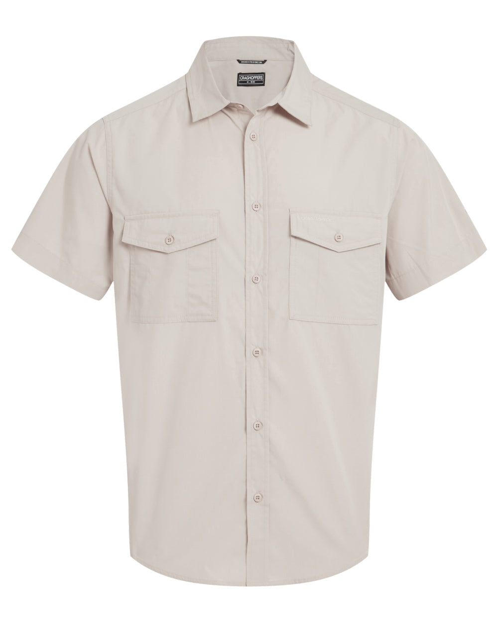 Oatmeal coloured Craghoppers Mens Kiwi II Short Sleeved Shirt on white background 