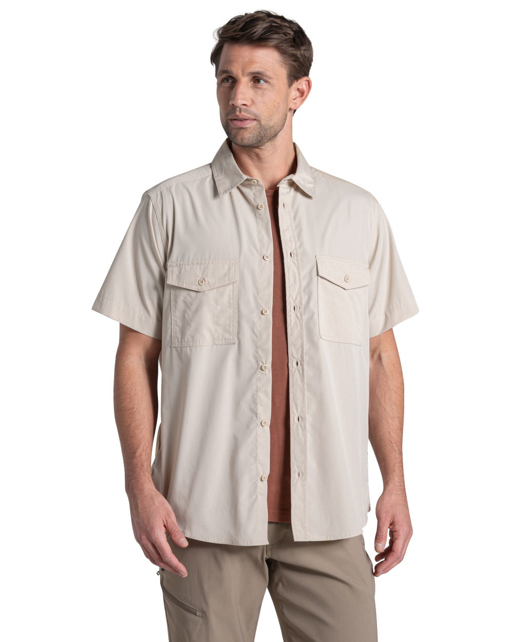 Oatmeal coloured Craghoppers Mens Kiwi II Short Sleeved Shirt on white background 