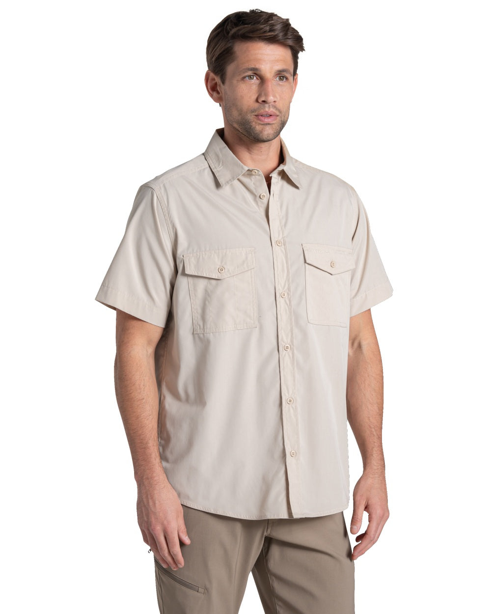 Oatmeal coloured Craghoppers Mens Kiwi II Short Sleeved Shirt on white background 