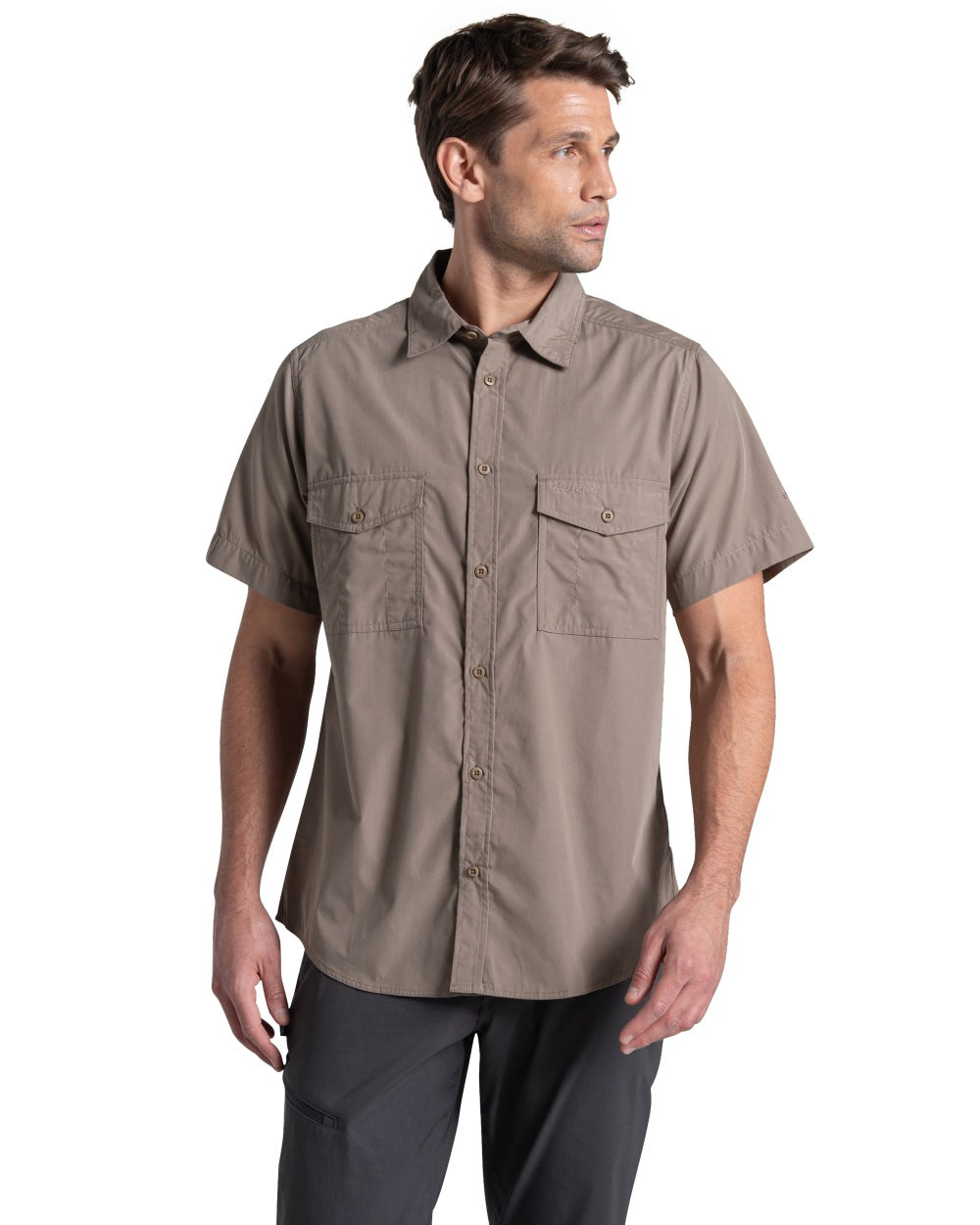 Pebble coloured Craghoppers Mens Kiwi II Short Sleeved Shirt on white background 