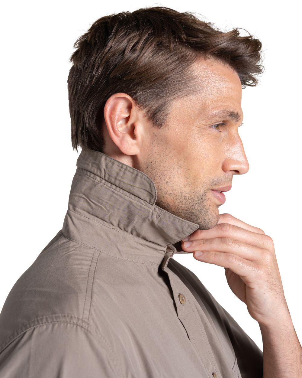 Pebble coloured Craghoppers Mens Kiwi II Short Sleeved Shirt on white background 