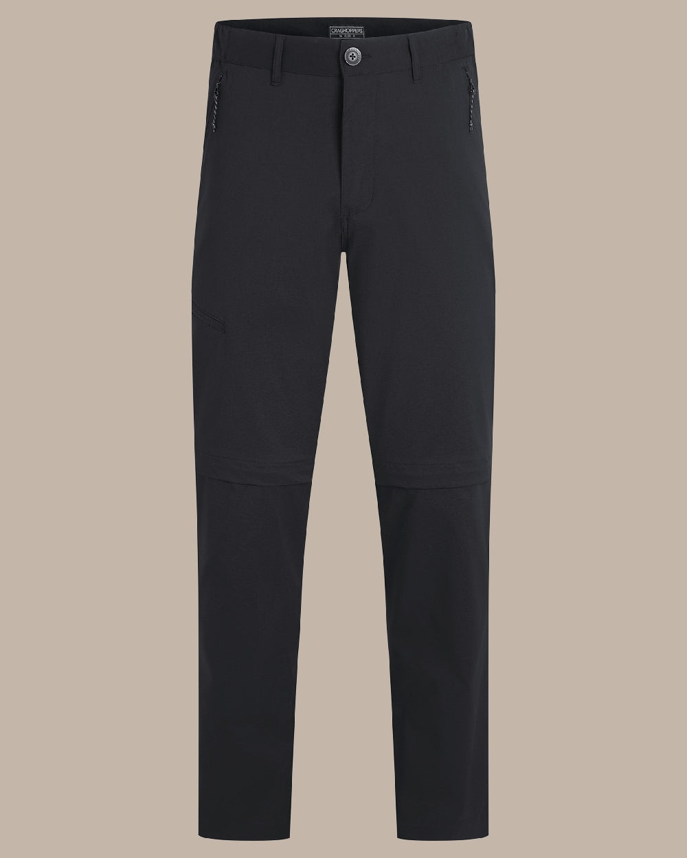 Black Coloured Craghoppers Mens Kiwi Pro III Convertible Trouser on Beige Background 