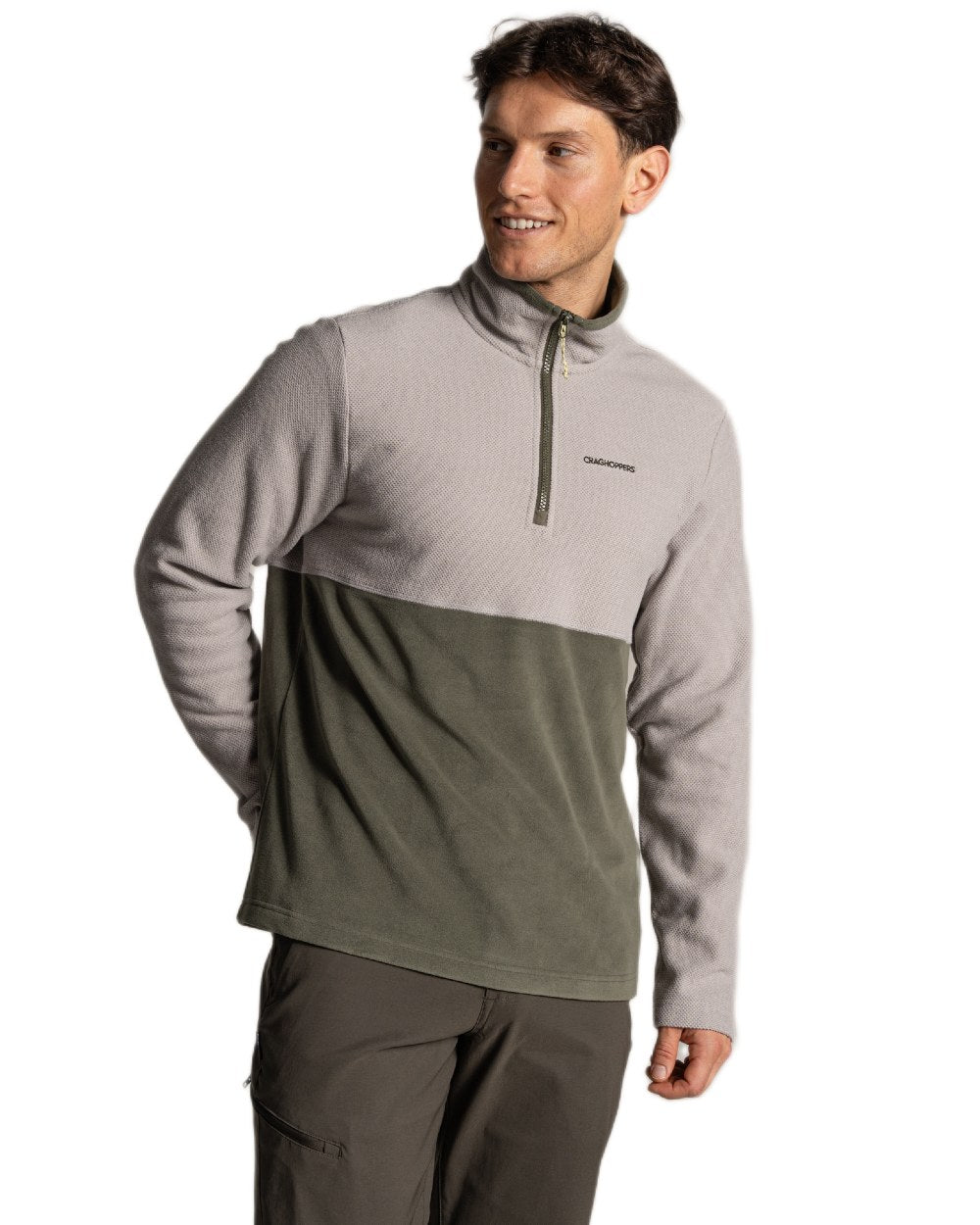 Parchment Dark Sage coloured Craghoppers Mens Miller Half Zip Fleece on white background 