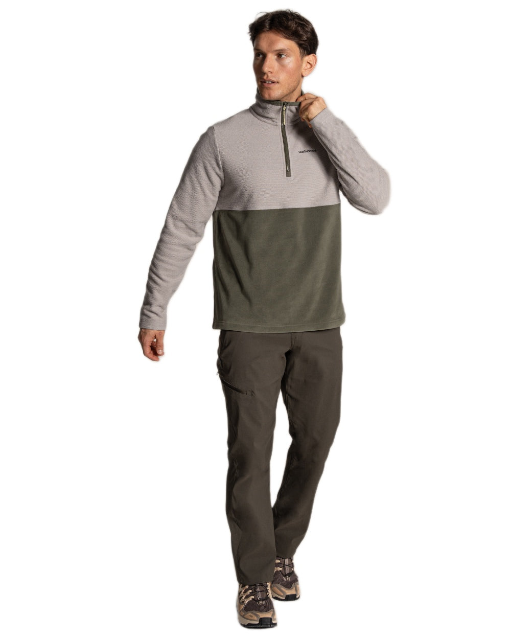 Parchment Dark Sage coloured Craghoppers Mens Miller Half Zip Fleece on white background 