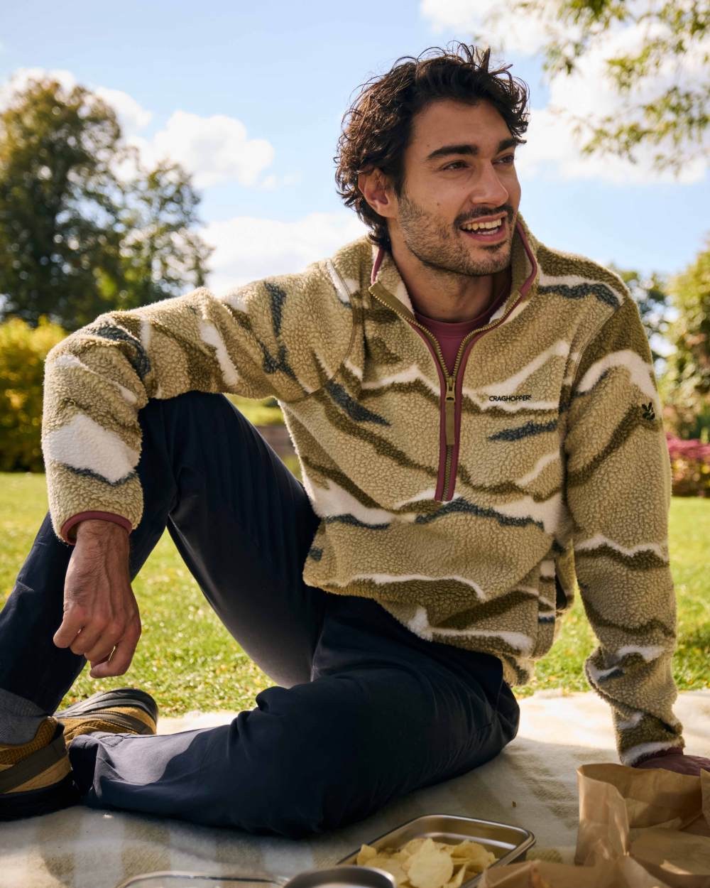 Cardamon Print coloured Craghoppers Mens National Trust Rawthey Half Zip Fleece on garden background 