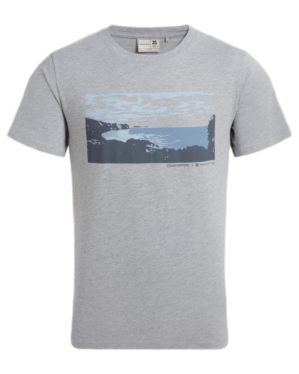 Soft Grey Marl coloured Craghoppers Mens National Trust Sabden Short Sleeved T-Shirt on white background 