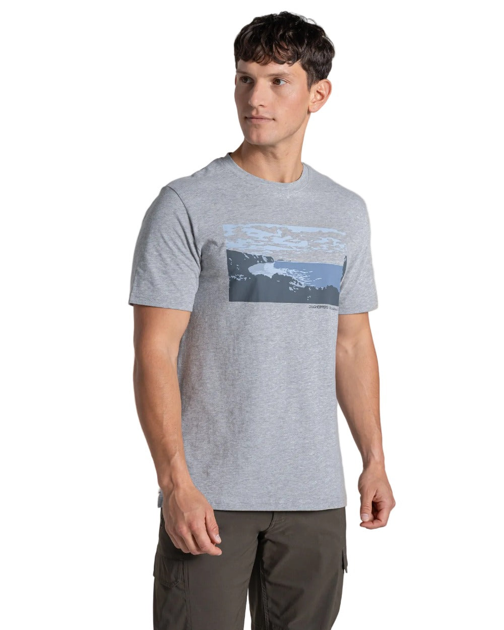 Soft Grey Marl coloured Craghoppers Mens National Trust Sabden Short Sleeved T-Shirt on white background 