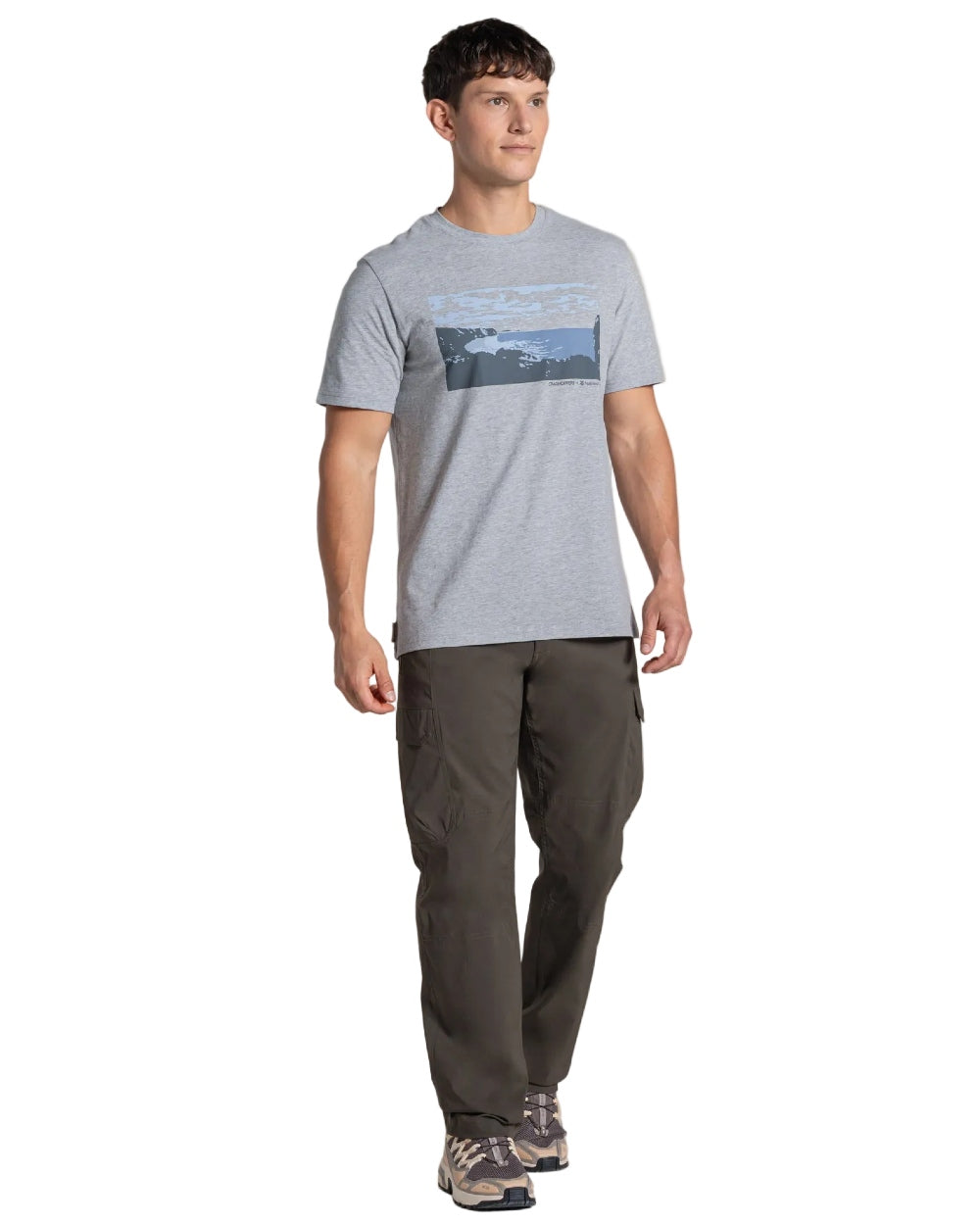 Soft Grey Marl coloured Craghoppers Mens National Trust Sabden Short Sleeved T-Shirt on white background 