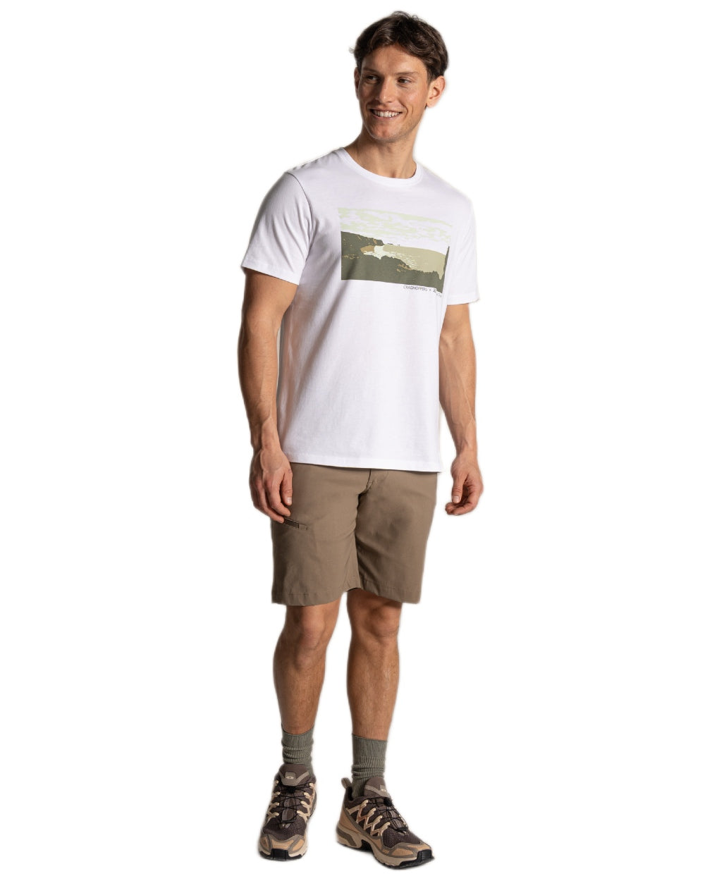 White coloured Craghoppers Mens National Trust Sabden Short Sleeved T-Shirt on white background 