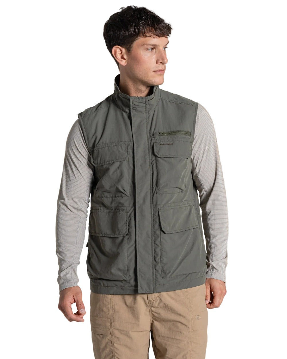 Dark Sage coloured Craghoppers Mens NosiLife Adventure Gilet V on white background 