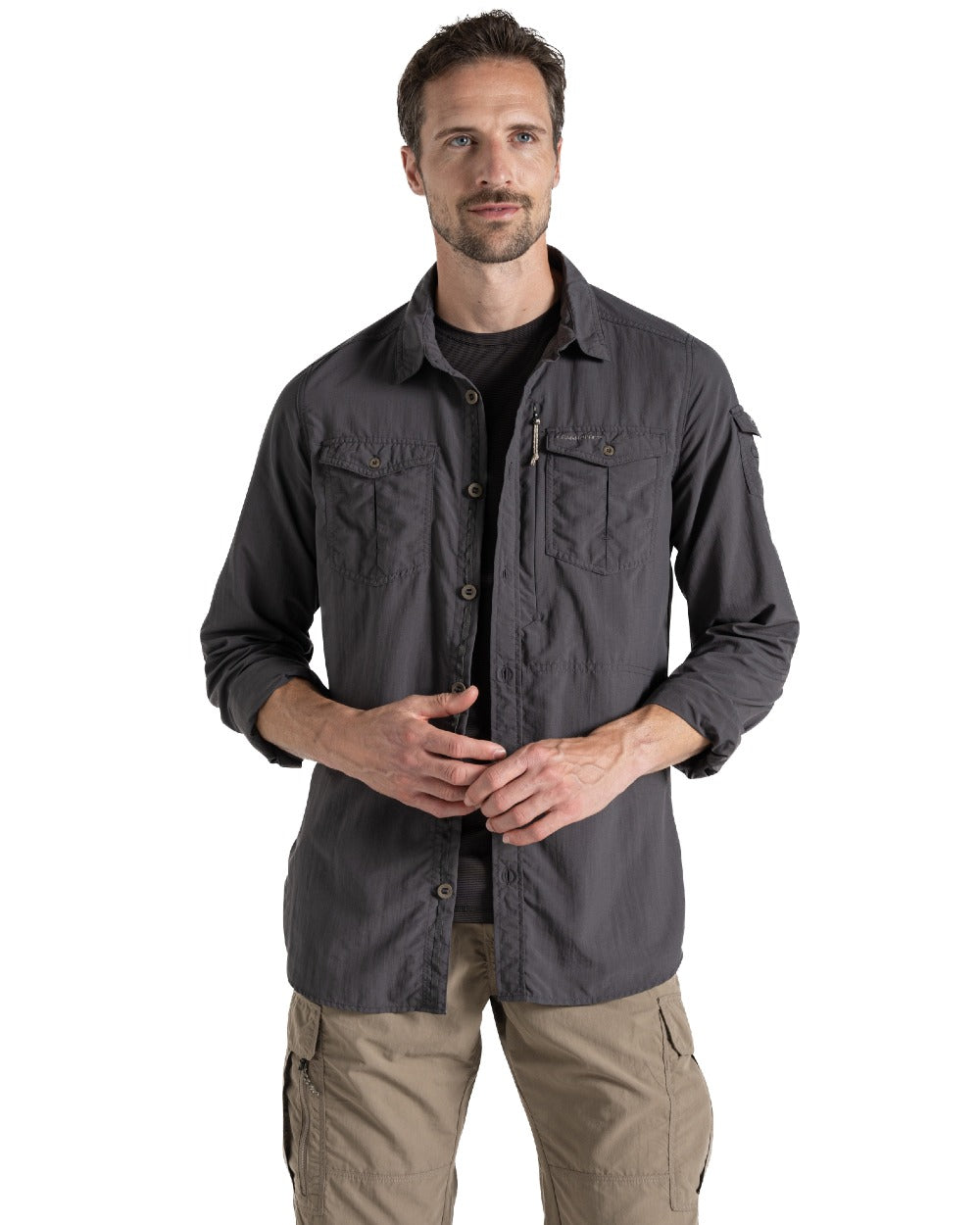 Black Pepper Craghoppers Mens NosiLife Adventure Long Sleeved Shirt III on white background 