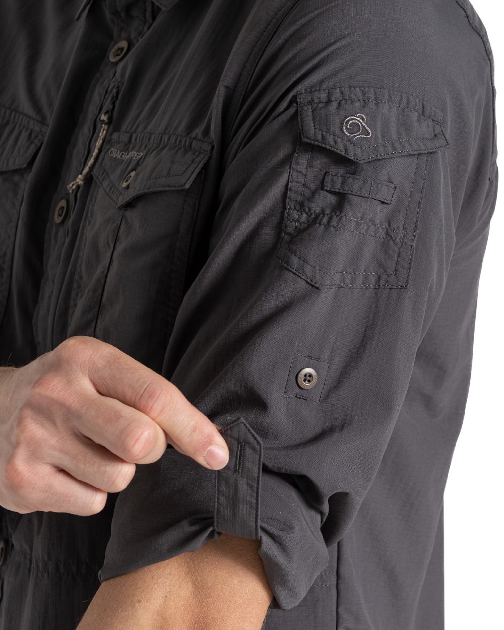 Black Pepper Craghoppers Mens NosiLife Adventure Long Sleeved Shirt III on white background 