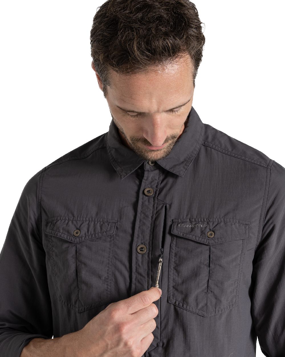 Black Pepper Craghoppers Mens NosiLife Adventure Long Sleeved Shirt III on white background 