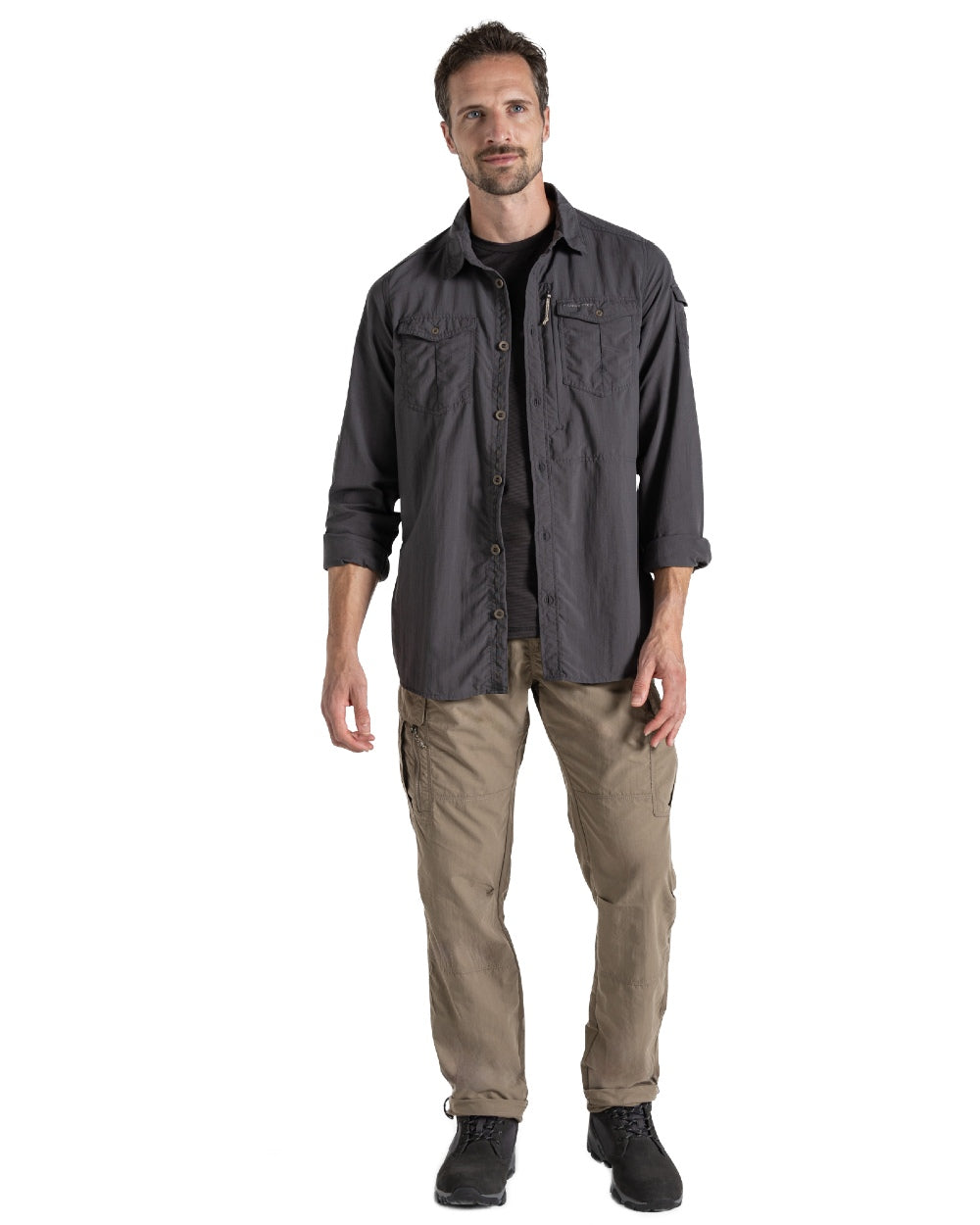 Black Pepper Craghoppers Mens NosiLife Adventure Long Sleeved Shirt III on white background 