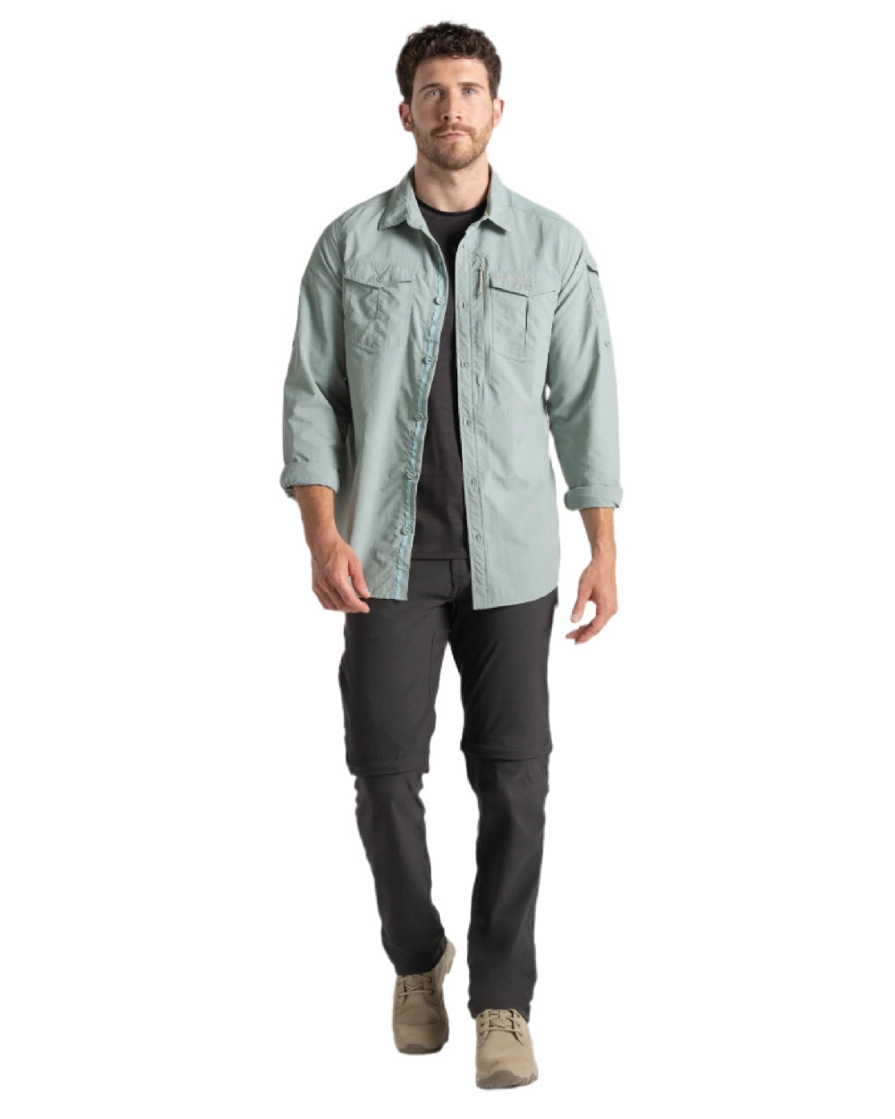 Lichen Green Craghoppers Mens NosiLife Adventure Long Sleeved Shirt III on white background 