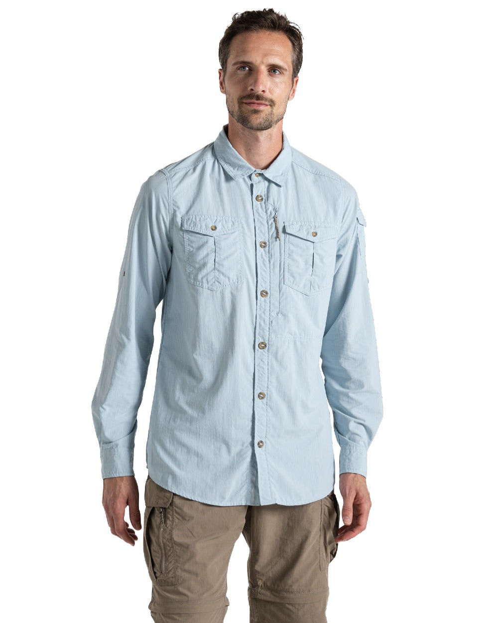 Niagara Blue Craghoppers Mens NosiLife Adventure Long Sleeved Shirt III on white background 