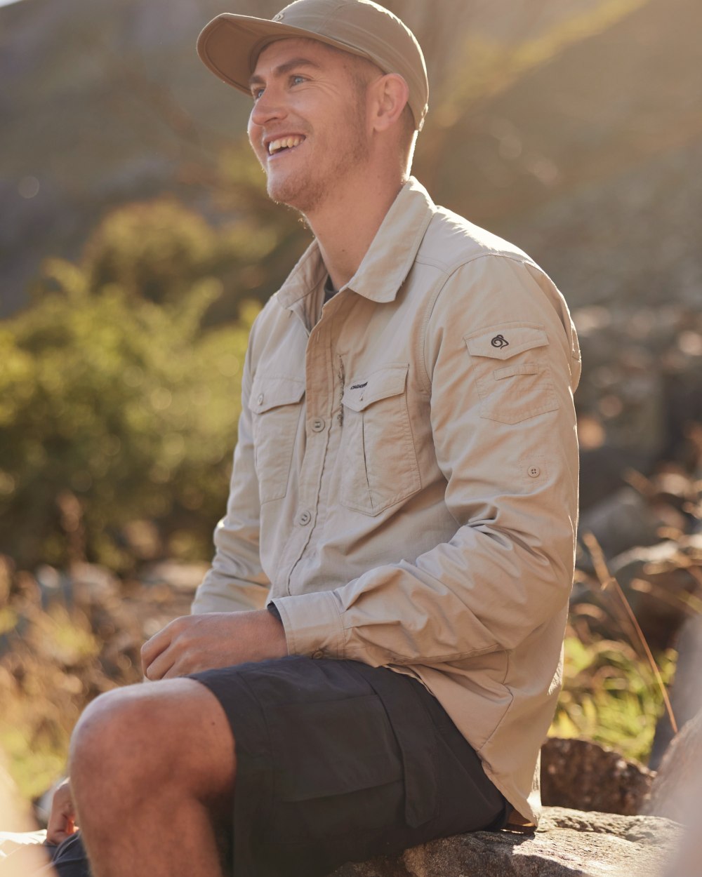 Parchment Craghoppers Mens NosiLife Adventure Long Sleeved Shirt III on forest background 