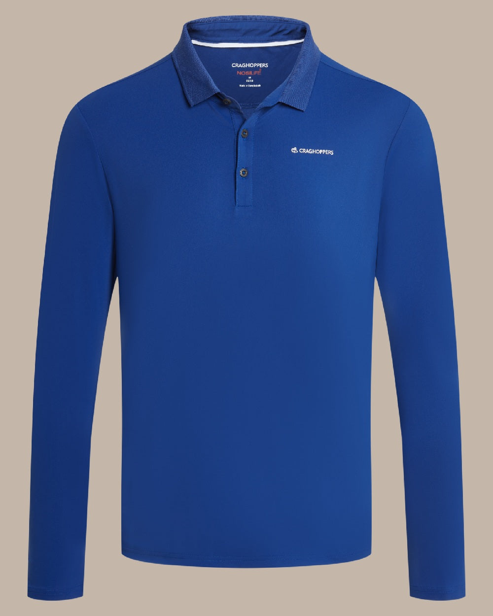 Deep Marina Coloured Craghoppers mens Nosilife Bramshaw Long Sleeved Polo Top on Beige Background 