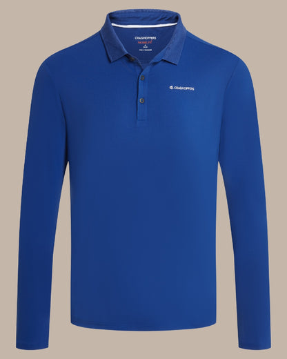 Deep Marina Coloured Craghoppers mens Nosilife Bramshaw Long Sleeved Polo Top on Beige Background 