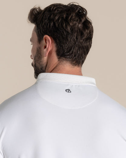 White Coloured Craghoppers mens Nosilife Bramshaw Long Sleeved Polo Top on Beige Background 