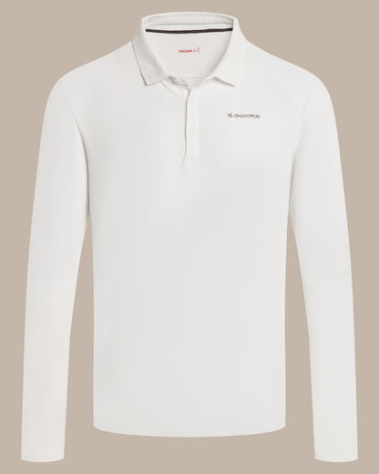 White Coloured Craghoppers mens Nosilife Bramshaw Long Sleeved Polo Top on Beige Background 
