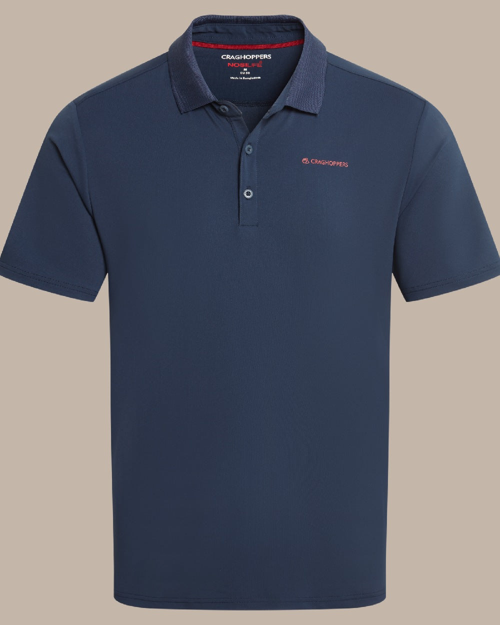 Blue Navy Coloured Craghoppers Mens Nosilife Bramshaw Short Sleeved Polo Top on Beige Background 