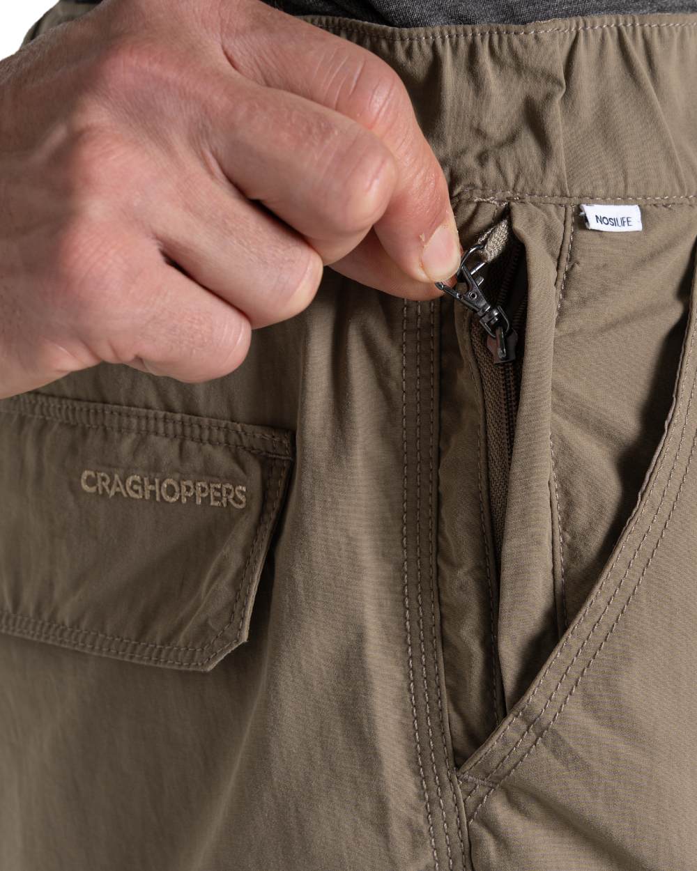 Pebble coloured Craghoppers Mens NosiLife Cargo Short III on white background 
