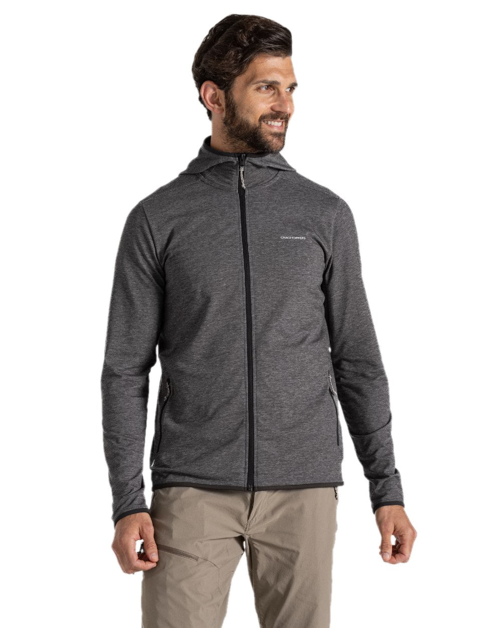 Black Pepper Marl coloured Craghoppers Mens NosiLife Deft Hooded Jacket on white background 