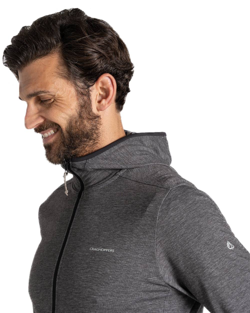 Black Pepper Marl coloured Craghoppers Mens NosiLife Deft Hooded Jacket on white background 