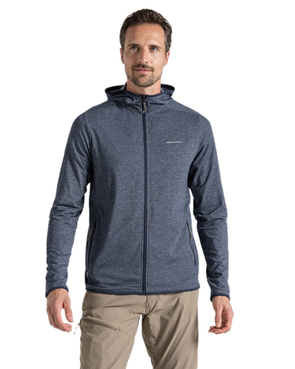 Blue Navy Marl coloured Craghoppers Mens NosiLife Deft Hooded Jacket on white background 