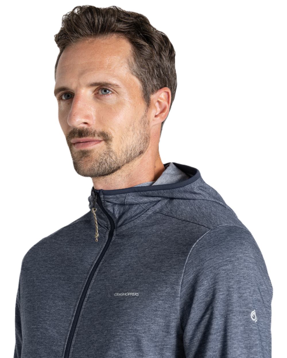 Blue Navy Marl coloured Craghoppers Mens NosiLife Deft Hooded Jacket on white background 