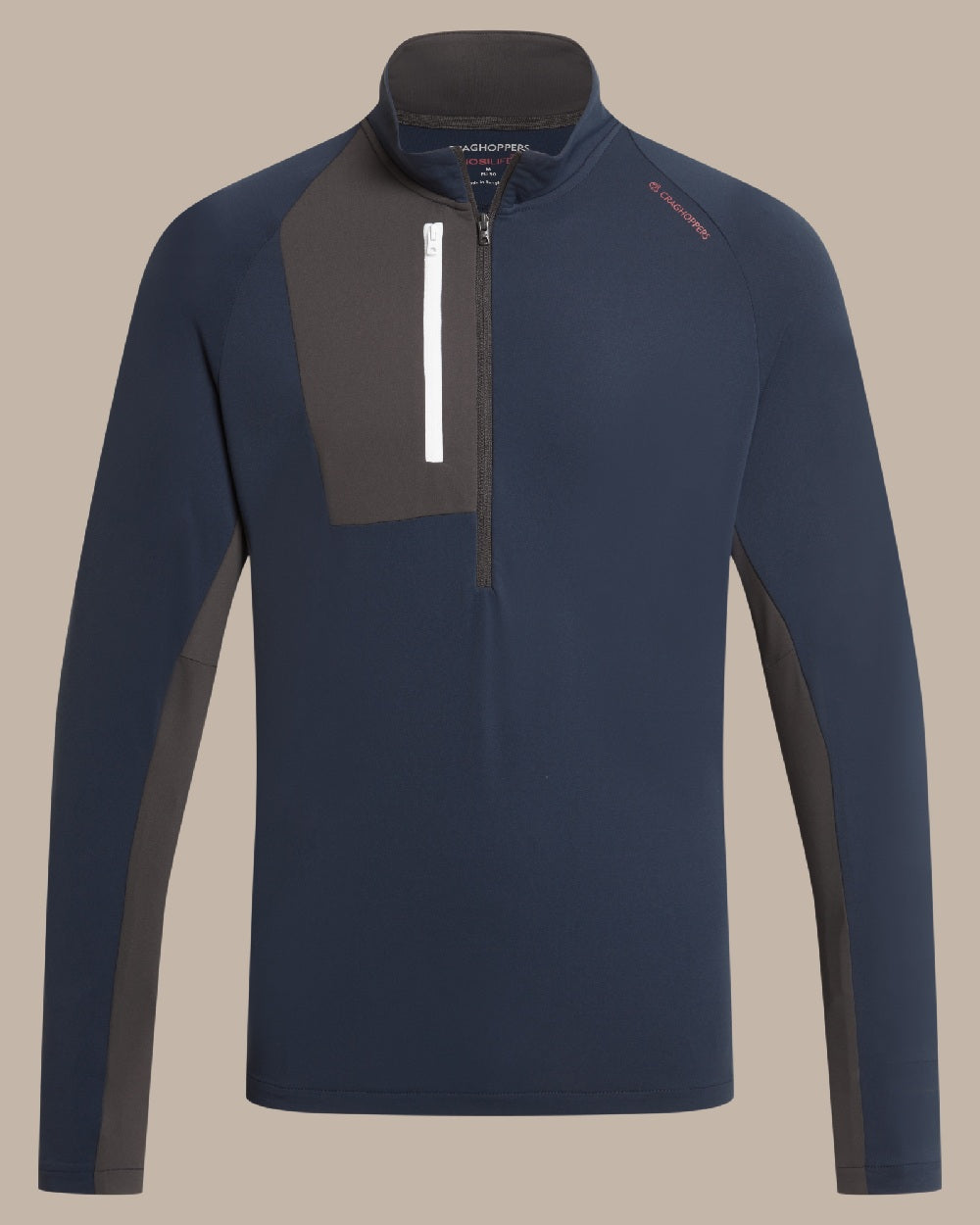 Blue Navy Coloured Craghoppers Mens Nosilife Goswick Half Zip Top on Beige Background 