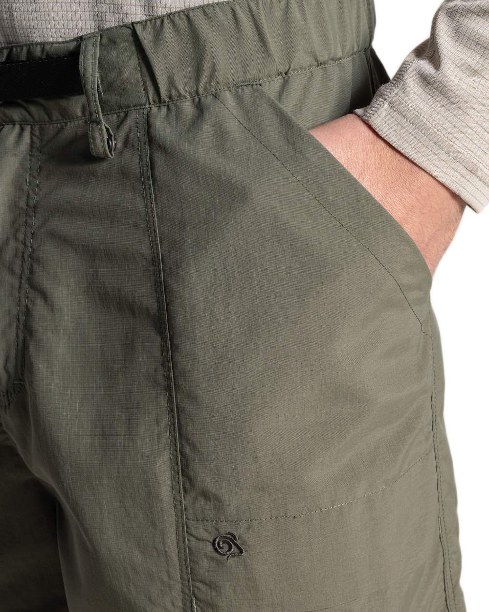 Dark Sage coloured Craghoppers Mens NosiLife Kadin Cargo Shorts on white background 