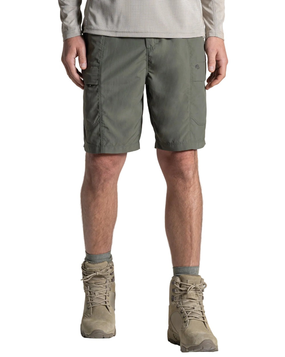 Dark Sage coloured Craghoppers Mens NosiLife Kadin Cargo Shorts on white background 