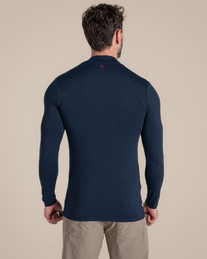 Blue Navy Coloured Craghoppers Mens Nosilife Long Sleeved Neck Top on Beige Background 